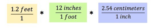 1.2 feet/1 * 12 inches/1 foot * 2.54 centimeters/1 inch