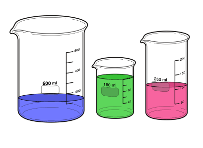 A wide 600 ml beaker, a small 150 ml beaker, and a tall 250 ml beaker.