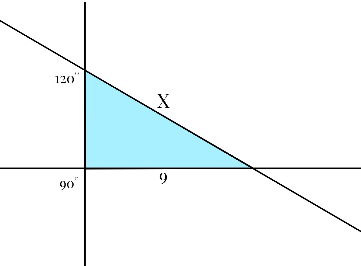 A 30-60-90 triangle where the measurement of the longer leg is 9 and the measurement of the hypotenuse is X