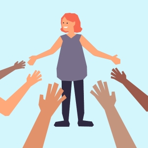 A girl surrounded by friends.