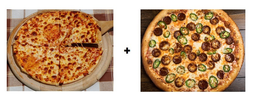 This image shows two pizzas. One is a pain cheese pizza, and the other has various toppings on it.