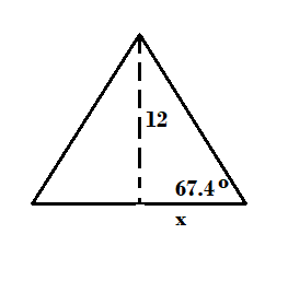 An isosceles triangle is pictured.  One of the two equal angles measures 67.4 degrees.  The altitude of the triangle measuring from where the two equal sides meet down to the third side is 12.