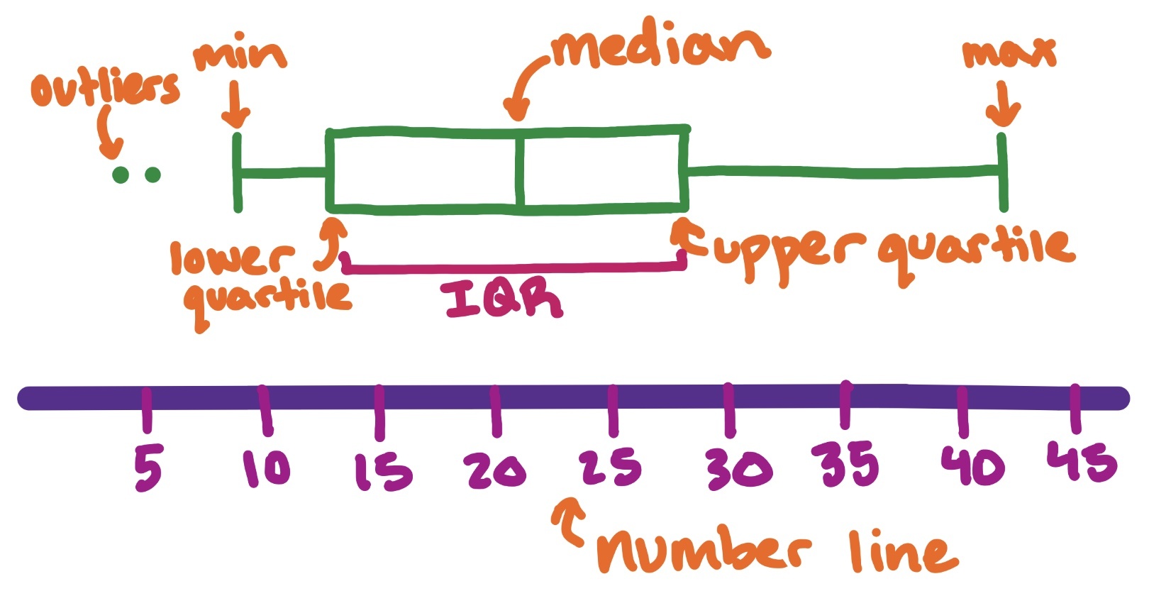 Box and whisker plot over number line. The outliers, minimum, lower quartile, interquartile range, median, upper quartile, and maximum labeled.