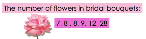 Number of flowers in bridal bouquets: 7, 8, 8, 9, 12, 28
