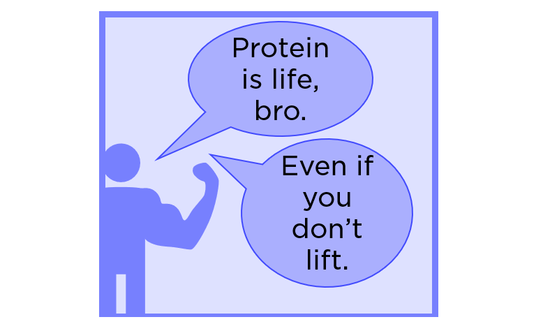 The image shows a stick figure with a muscular arm, flexing. The person is saying, "Protein is life, bro. Even if you don't lift."