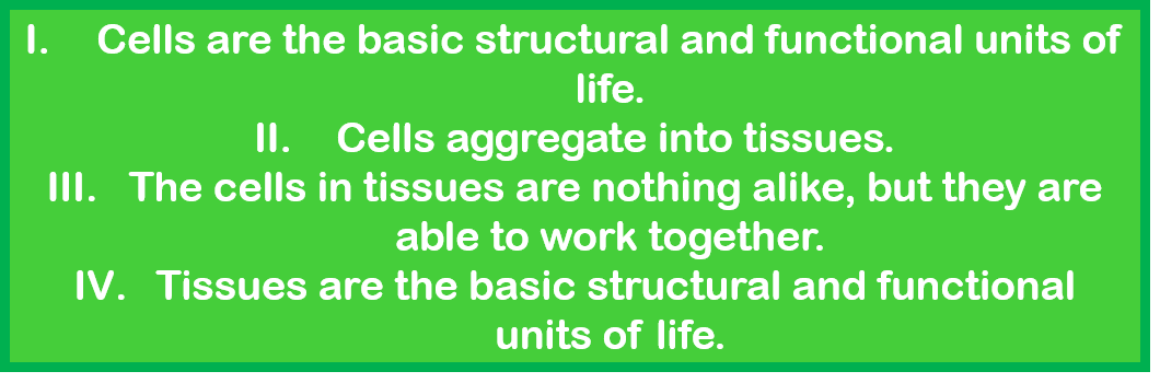 1: Cells are the basic structural and functional units of life. 2: Cells aggregate into tissues. 3: The cells in tissues are nothing alike, but the are able to work together.  4: Tissues are the basic structural and functional units of life. 
