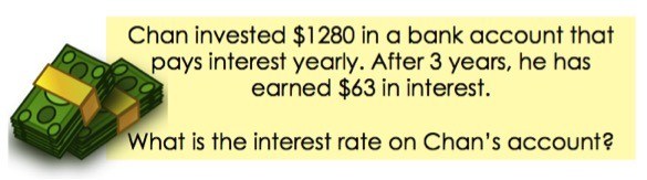 Chan invested 1280 dollars in a bank account that pays interest yearly. After 3 years, he has earned 63 dollars in interest.

What is the interest rate on Chan's account?