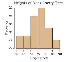 A histogram of the heights of Black Cherry Trees. The x-axis is Height (feet) with values 60, 65, 70, 75, 80, 85, 90.  The y-axis is Frequency with values 0, 2, 4, 6, 8, 10.  The highest bar reflects values between 75-79.