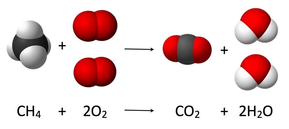 Reactants and products formed during the burning of methane