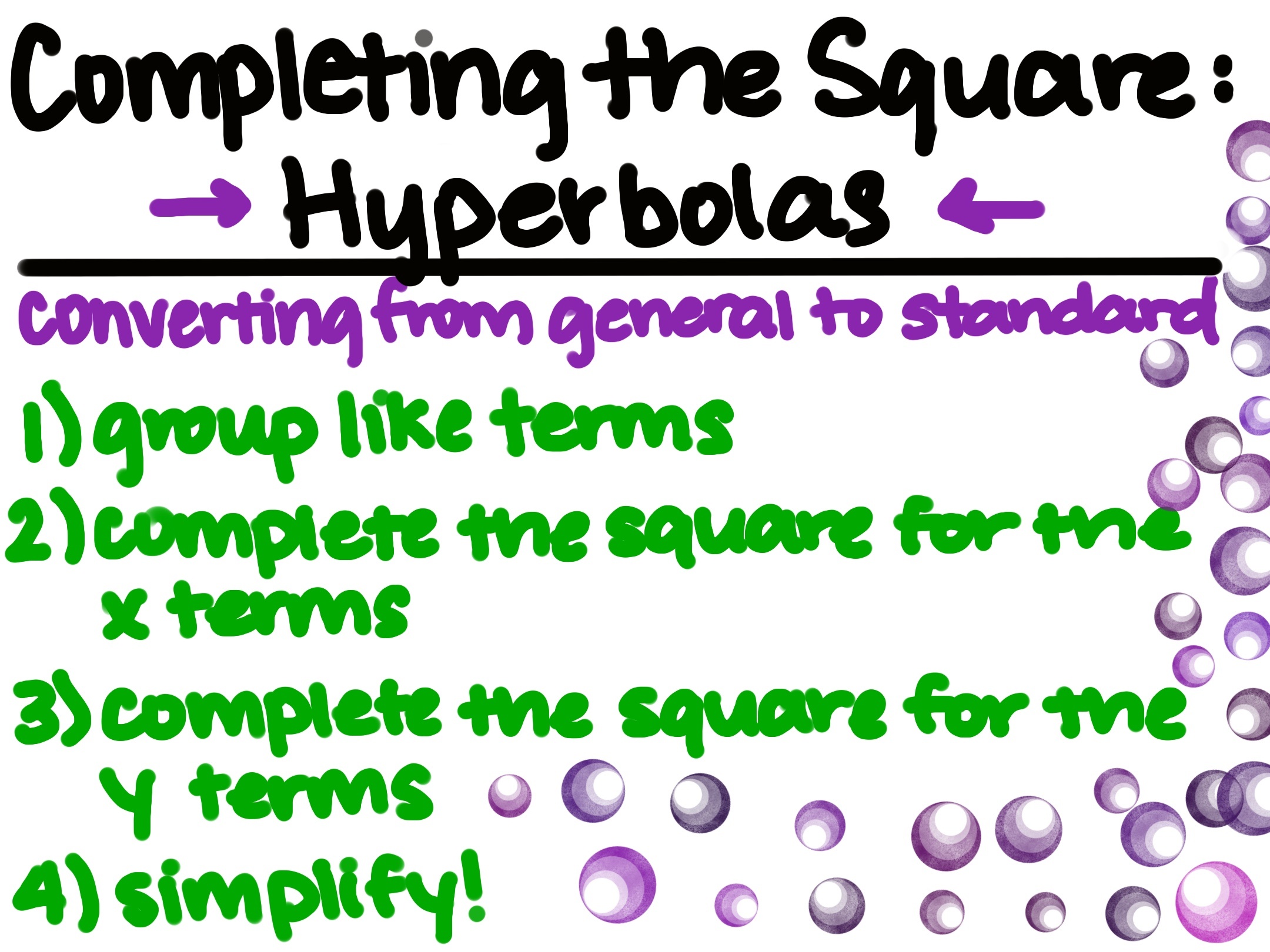 Completing the Square: Hyperbolas
Converting from general to standard
1) group like terms
2) complete the square for the x terms
3) complete the square for the y terms
4) simplify!