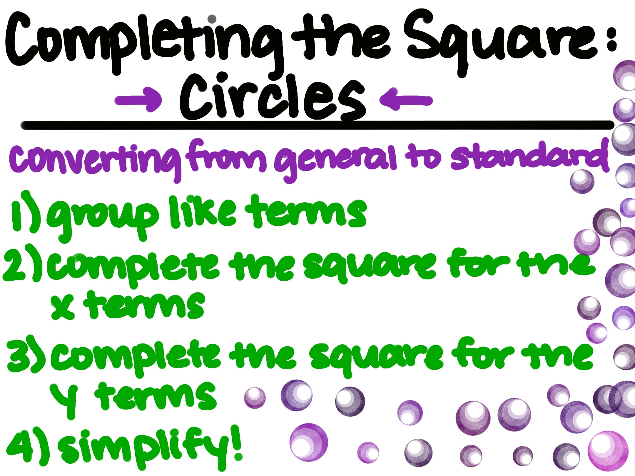 Completing the Square: Circles
converting from general to standard
1) group like terms
2) complete the square for the x terms
3) complete the square for the y terms
4) simplify