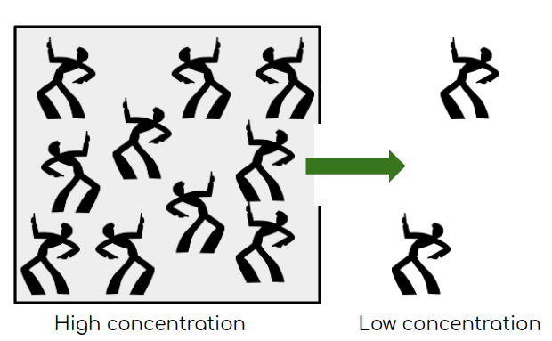 Dancers in a room diffuse from an area of high concentration to an area of low concentration.