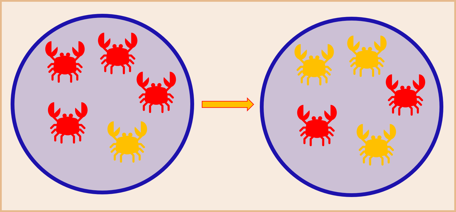 It the beginning, there are four red and one orange crab. After some time, there are two red and three orange crabs.