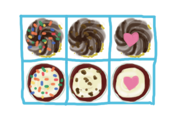A 3 by 2 box of cupcakes.
