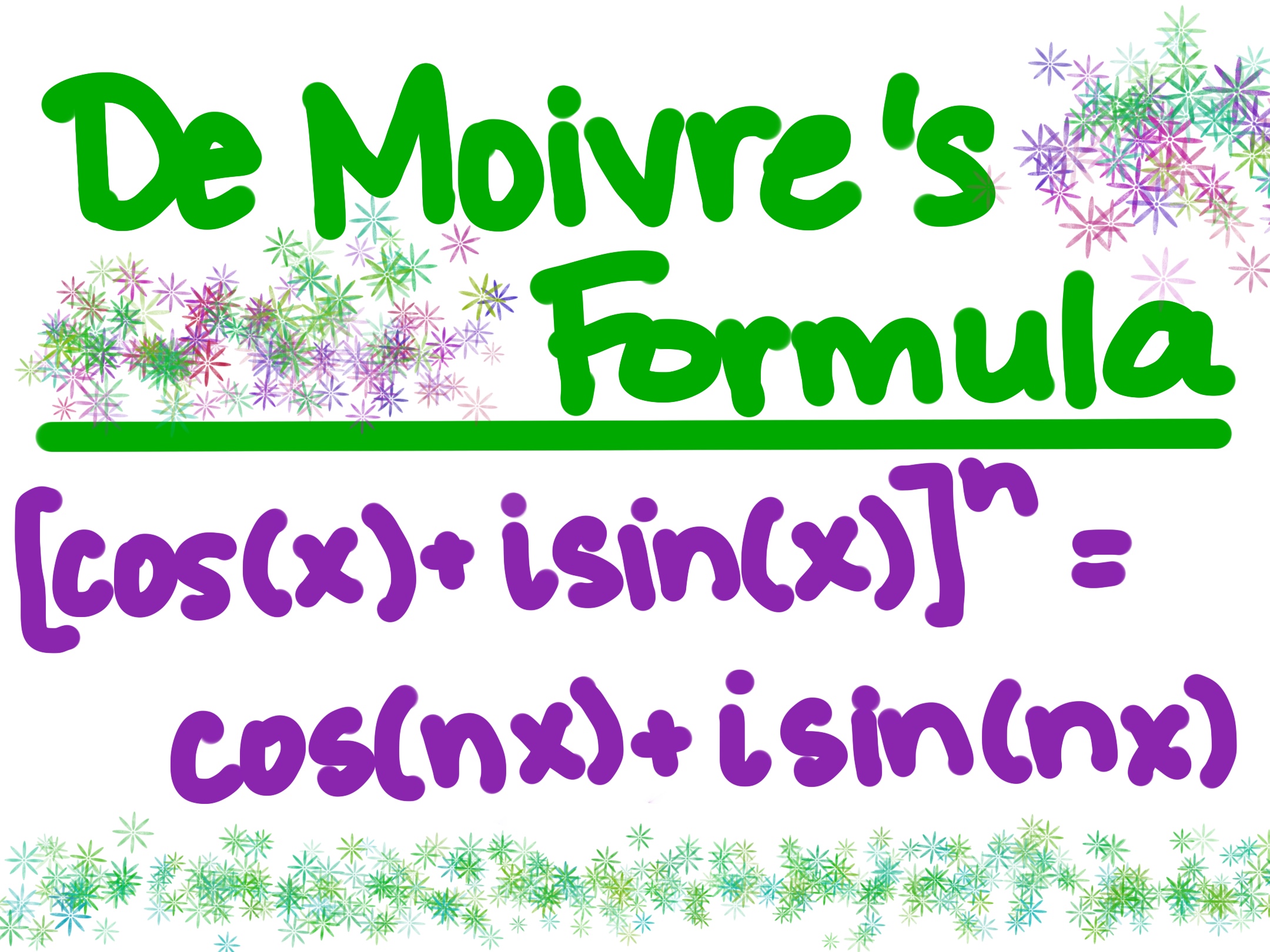 De Moivre's Formula
[cos(x) + i sin(x)]^n = cos(nx) + i sin (nx)
