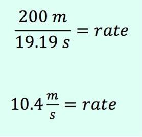 200 m/19.19 s = rate
10.4 m/s = rate
