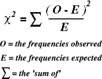 x^2 = (o - e)^2/e such that o is the observed value and e is the expected value