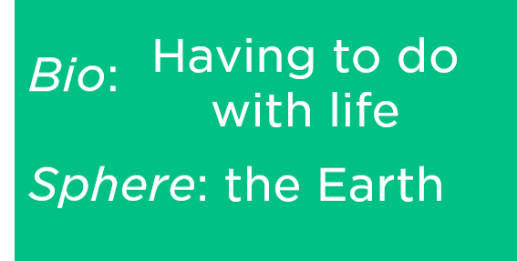 Breakdown of the word "biosphere": "Bio" has to do with life, and "sphere" has to do with Earth.