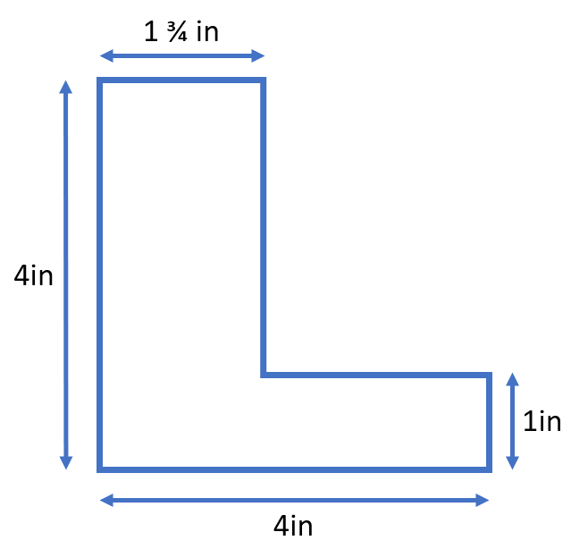 An L-shaped area.  The maximum height and width are 4 inches.  The length of one side of the L is 1 3/4 inches; the length of the other side is 1 inch.