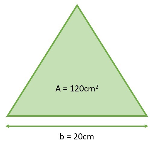 A triangle with base 20 cm and area 120 square cm.