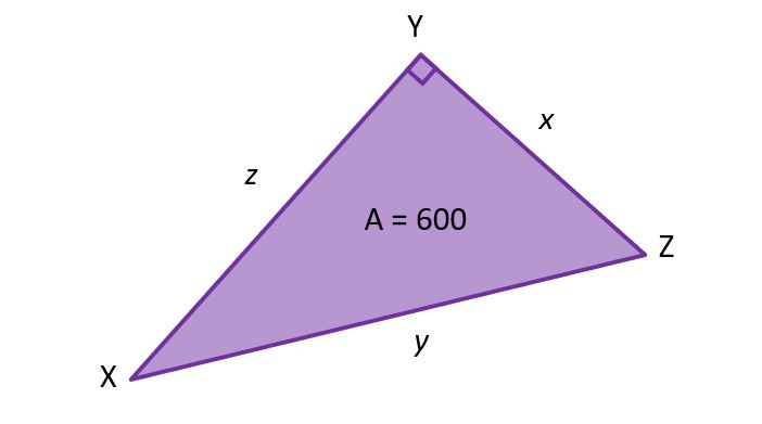 A right triangle with hypotenuse y and area 600.