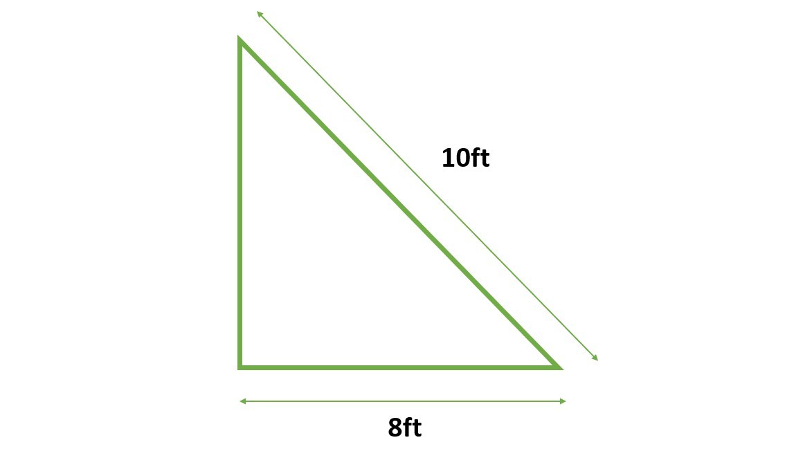 A right triangle with base 8 feet and hypotenuse 10 feet.