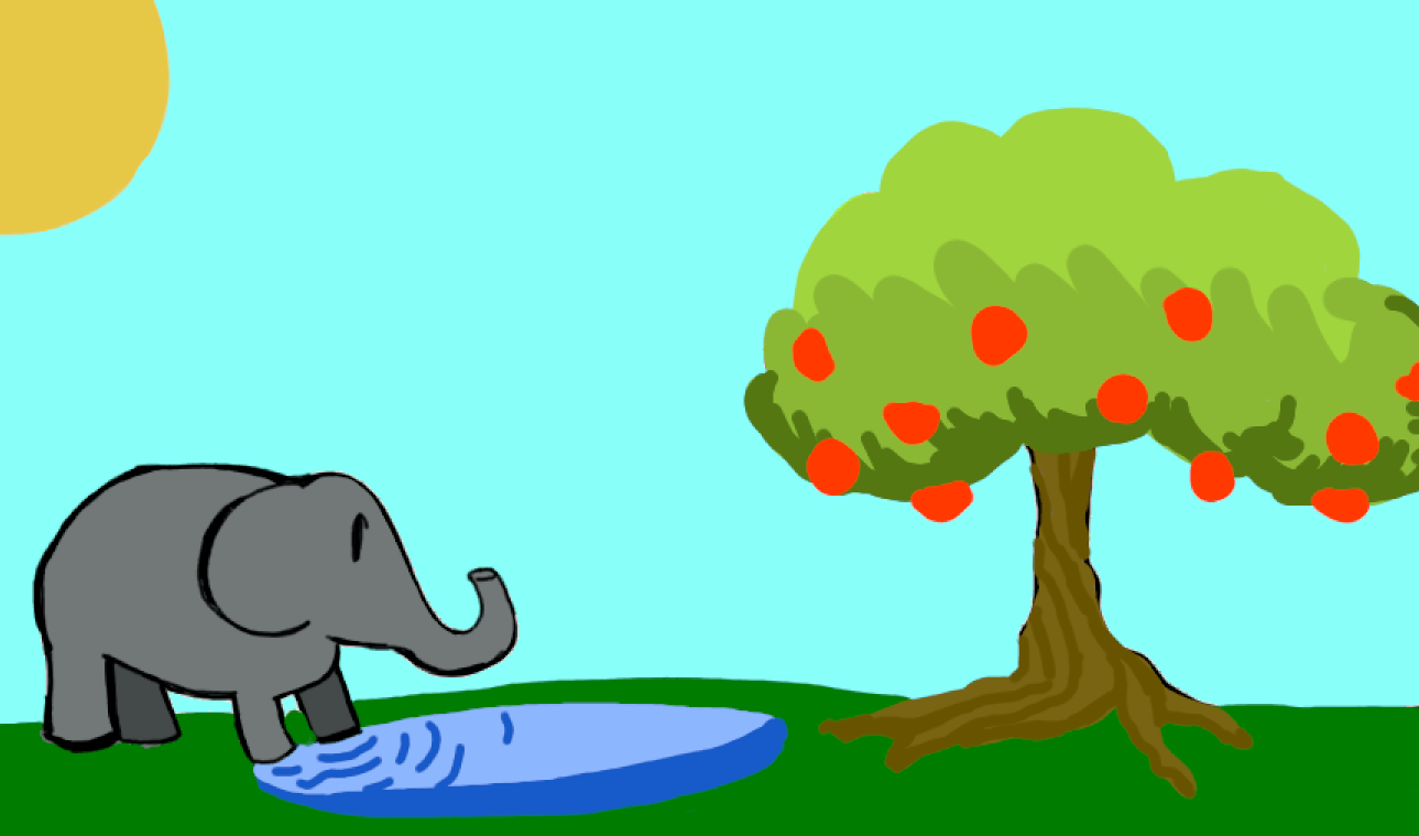 The image shows an elephant standing in front of a pond and a tree with red fruits. The sky is blue and the sun is shining.