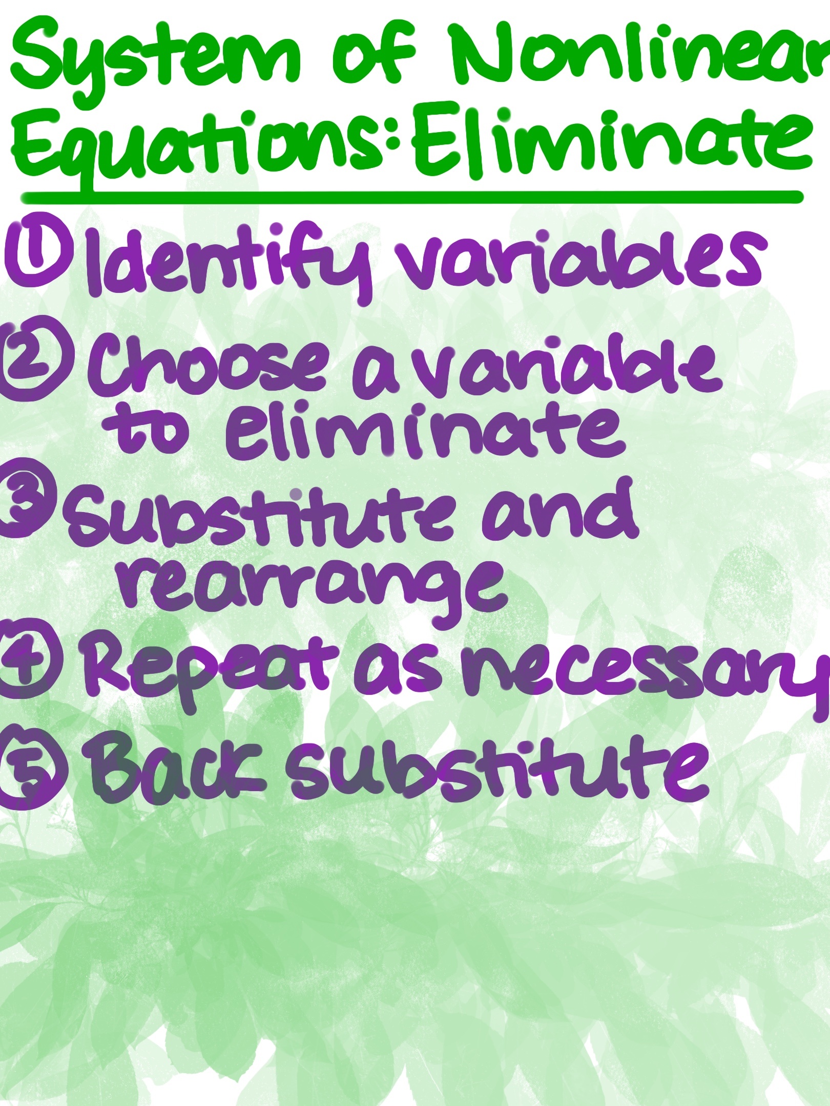 System of Nonlinear Equations: Eliminate
1. Identify variables
2. Choose a variable to eliminate
3. Substitute and rearrange
4. Repeat as necessary
5. Back substitute