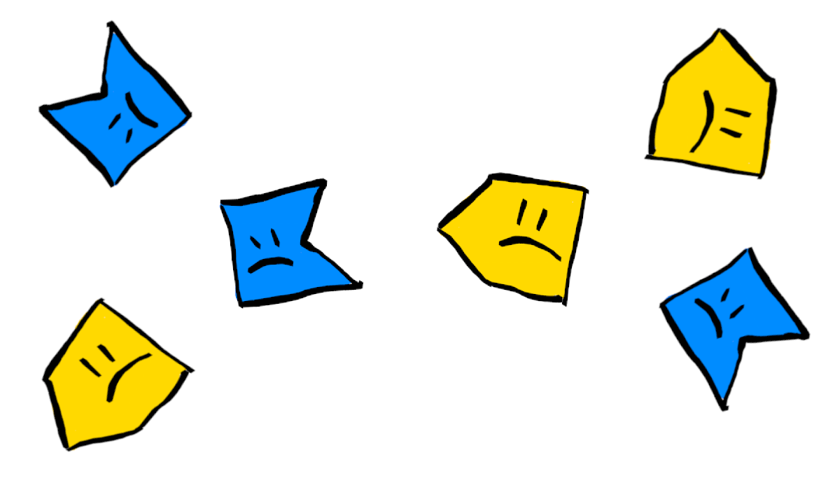 The image shows blue and yellow reactants frowning as they float around.