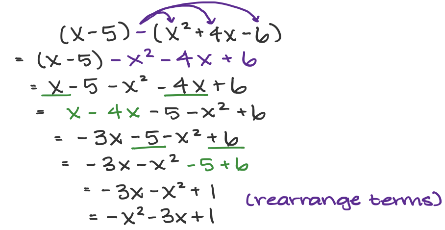 (x-5)-(x^2 +4x - 6)
=(x-5) -x^2 -4x + 6
=x -5 -x^2 -4x +6
=-3x -5 -x^2 +6
=-3x -x^2 +6 -5
=-3x -x^2 +1
(rearrange terms)
=-x^2 -3x +1