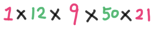 1 (pink) x 12 (green) x 9 (pink) x 50 (green) x 21 (pink)