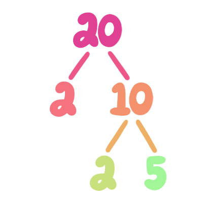 20 branches to 2 and 10
10 then branches to 2 and 5