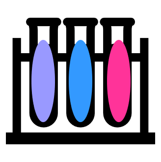 Three chemical solutions. One is blue, another is purple, and the last one is pink. 