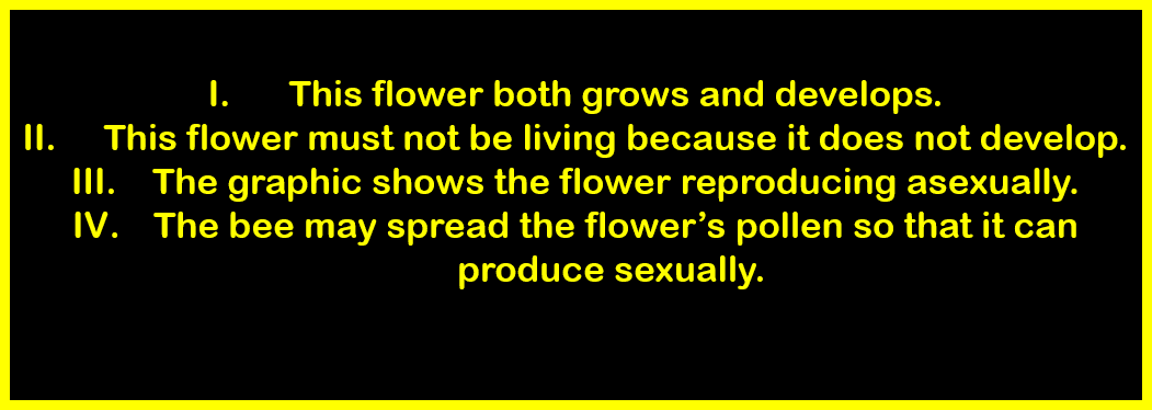 1: This flower both grows and develops. 2: This flower must not be living because it does not develop.  3: The graphic shows the flower reproducing asexually. 4: The bee may spread the flower's pollen so that it can produce sexually. 