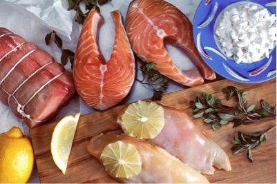 The image shows different forms of protein like meat, fish, and cottage cheese.