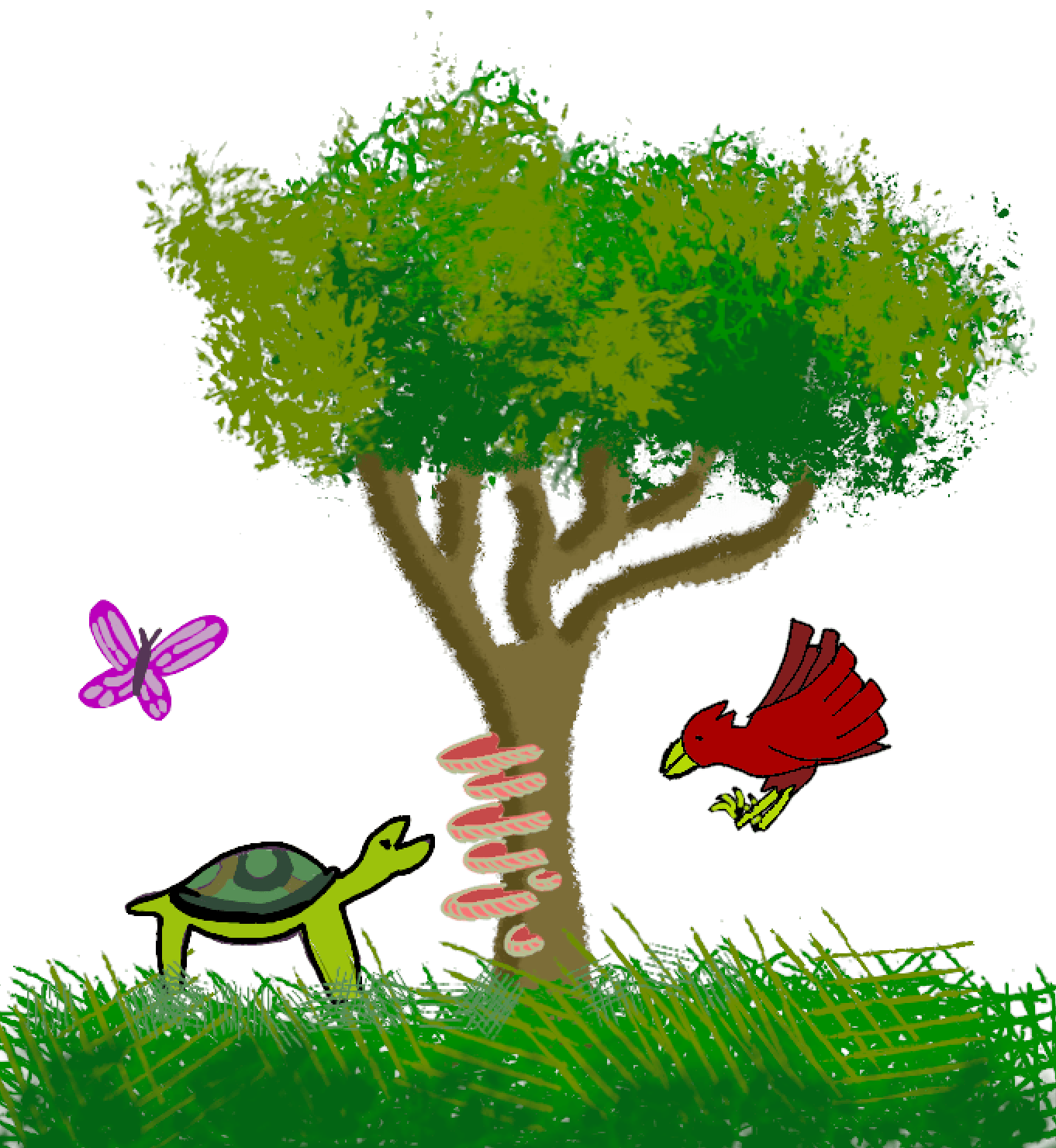 The image displays a tree, mushrooms growing on the tree trunk, a turtle, a butterfly, and a bird.