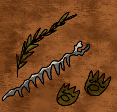 The image shows the fossil of a plant, a snake skeleton, and two footprint impressions.