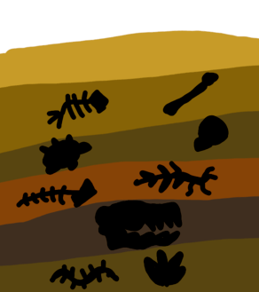 The image shows fossils in different layers of the Earth.