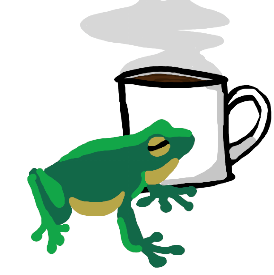 The image shows a frog sitting in front of a cup of coffee.