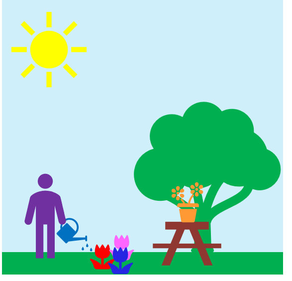 A clip art image of a garden.  A man waters some flowers that are growing near a tree and a pick-nick table. 