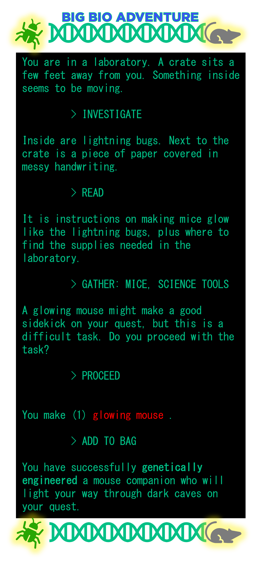 The image shows a text-based game called Big Bio Adventure. It looks like an old computer game.
"You are in a laboratory. A crate sits a few feet away from you. Something inside seems to be moving.
> INVESTIGATE
Inside are lightning bugs. Next to the crate is a piece of paper covered in messy handwriting.
> READ
It is instructions on making mice glow like the lightning bugs, plus where to find the supplies needed in the laboratory.
> GATHER: MICE, SCIENCE TOOLS
A glowing mouse might make a good sidekick on your quest, but this is a difficult task. Do you proceed with the task?
> PROCEED
You make (1) glowing mouse.
> ADD TO BAG
You have successfully genetically engineered a mouse companion who will light your way through dark caves on your quest."