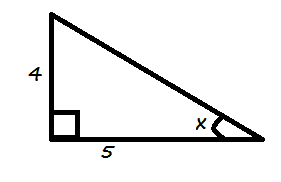 A right triangle with legs 4 and 5.  The angle opposite 4 is labeled x.