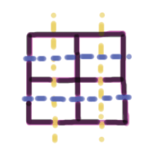 Each cell in the grid is split into 4 equal pieces.