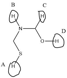 a molecule with 4 hydrogens circled. Hydrogen A is attached to a sulfur, B is attached to a nitrogen, C is attached to a carbon, and D is attached to an oxygen.