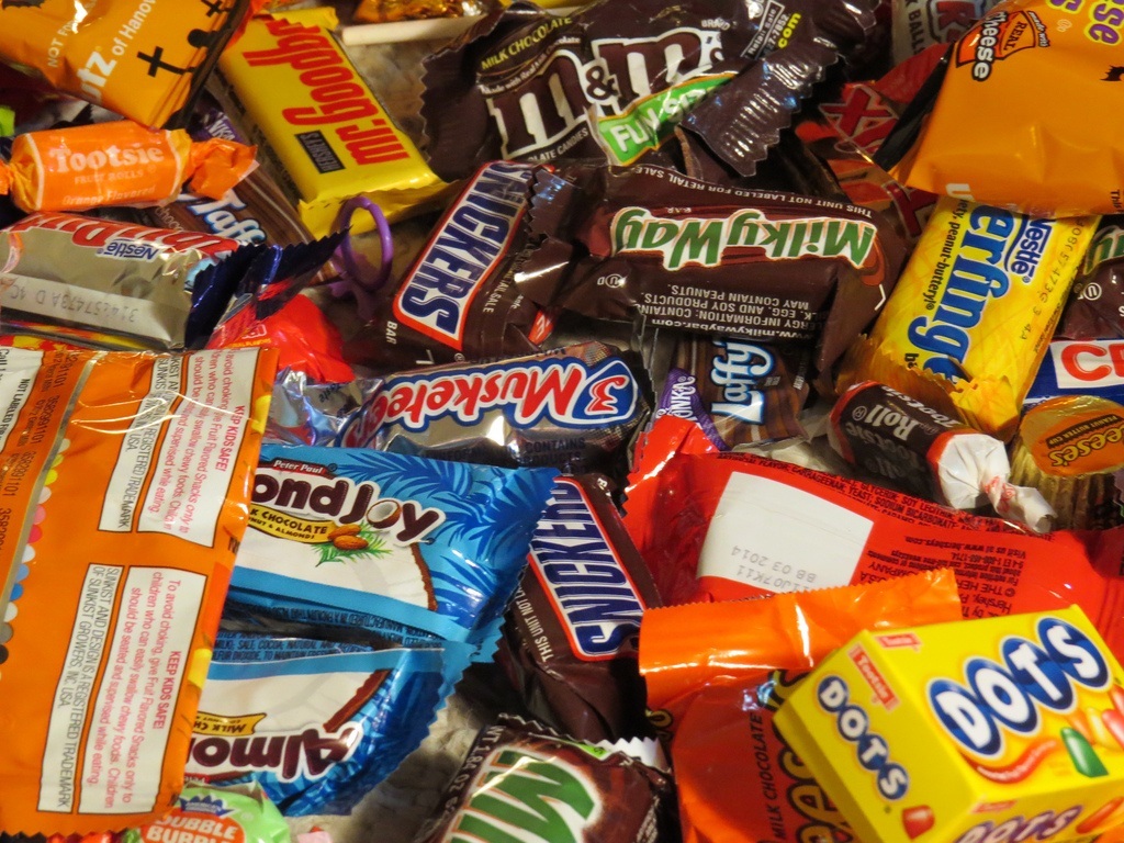 A variety of candy is mixed together.