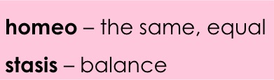 Homeo means the same or equal.
Stasis means balance.