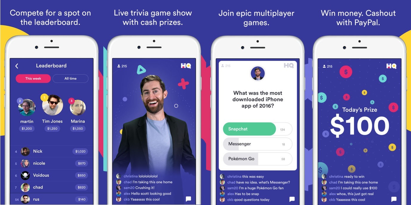 HQ Trivia screens.