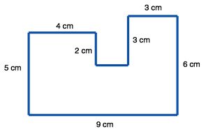 This is an irregular shape with side lengths, 5cm, 4cm, 2cm, 3cm, 3cm, 6cm, and 9cm.