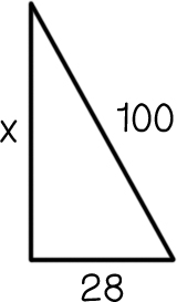 A right triangle with legs x an 28 and hypotenuse 100.