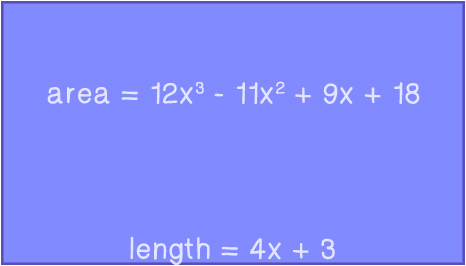 A rectangle with a length of 4x + 3, and an area of 12x^3 - 11x^2 + 9x + 18.